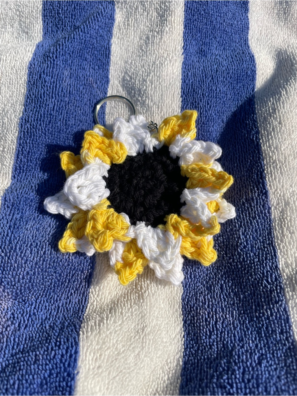 Handmade Crocheted Sunflower Keychain - Yellow White Black
